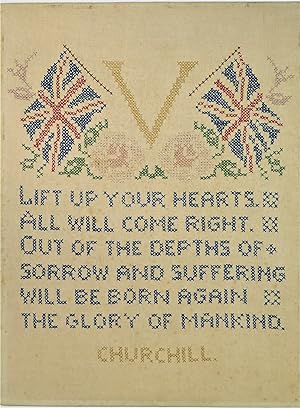 "LIFT UP YOUR HEARTS." A hand-stitched and framed Second World War memento featuring a decorated ...