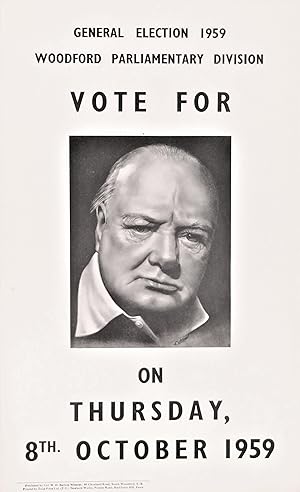 An original 1959 campaign poster from Winston S. Churchill's Woodford constituency featuring Chur...
