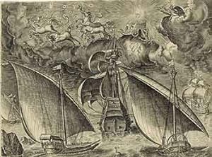Two Galleys sailing behind an armed Three-Master with Phaeton and Jupiter in the Sky. Une Nef de ...