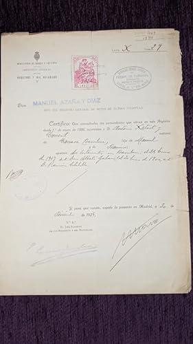 DOCUMENTO ORIGINAL FIRMADO POR MANUEL AZAÑA Y DIAZ 1924