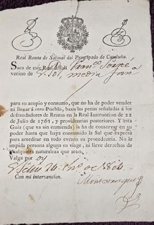 DOCUMENTO REAL RENTA DE SALINAS PRINCIPADO CATALUÑA 1801