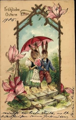 Präge Ansichtskarte / Postkarte Glückwunsch Ostern, Osterhasenpaar beim Spaziergang