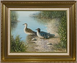 Justus - Signed & Framed Contemporary Oil, Waterfowl by The River
