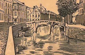 Set of 3 Mid 20th Century Woodcuts - Town By The River