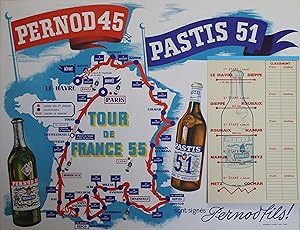 "PERNOD 45 / PASTIS 51 (TOUR de FRANCE 1955)" / Affiche originale entoilée / Offset Imp. Georges ...