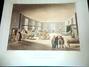 Hospital, Middlesex 1808. (Interior ward scene) Hand Coloured Aquatint.