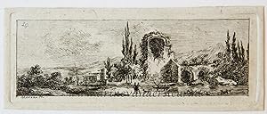 [Miniature antique print, etching] Salvator Legros, after Moreau, Landscape with ruins, published...