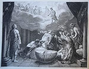 [Antique etching, allegory] French maiden begs the gods for help, image from the triumphal arch f...