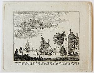 [Miniature antique print, etching] Salvator Legros, after H. Köbel, River landscape, published ca...