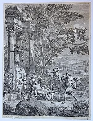 Antique print, etching and engraving | Silvio with the wounded Dorinda, published 1690-1700, 1 p.