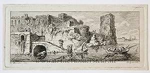 Miniature antique print I River landscape with ruined buildings on the left, published 1788, 1 p.