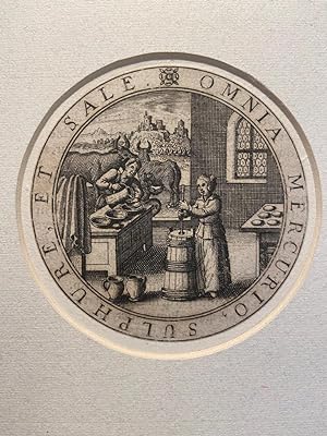 Antique emblem print, engraving | OMNIA MERCURIO, SULPHURE, ET SALE, published before 1580, 1 p.