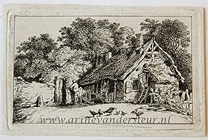 [Miniature antique print, etching] Salvator Legros, after H. Köbel, Barn and a yard, published ca...