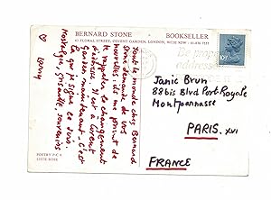 Carte postale autographe signée de Lawrence Durrell adressée à Jani Brun : "Tout le monde chez Be...