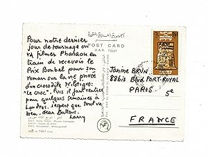 Carte postale autographe signée de Lawrence Durrell adressée à Jani Brun : "Pour notre dernier jo...
