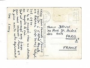 Carte postale autographe signée de Lawrence Durrell adressée à Jani Brun : "J'espère que la pièce...