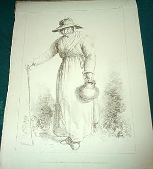 Rustic Figures in imitation of Chalk. Old lady with ewer. Sepia soft ground copper engraving