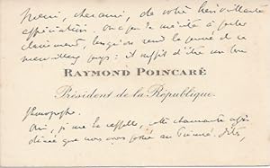 Card with long inscription and autograph signature of Raymond Poincaré