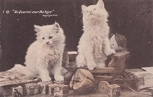 White Kittens Cat Fight Ball Toy Doll Head Antique Postcard