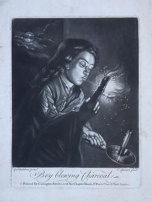 [Antique British mezzotint] Boy blowing Charcoal/Jongen blaast houtskool aan, published 1700-1750.