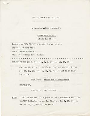 Ruby Gentry (Post-production Music Cue Sheet script for the 1952 film)