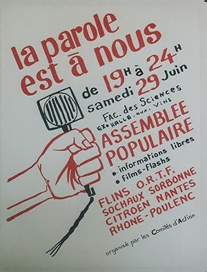"ASSEMBLÉE POPULAIRE LA PAROLE EST A NOUS" Affiche originale entoilée MARSEILLE 1968 / Pochoir CO...