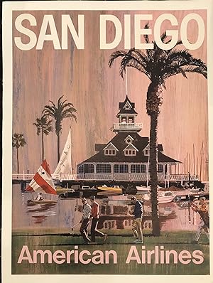 SAN DIEGO. American Airlines. (Original Vintage Travel Poster) Featuring the Coronado Boathouse
