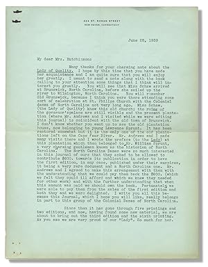 [Typed Letter Signed by Historian Evangeline W. Andrews, discussing North Carolina and the Publis...