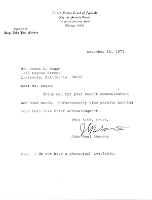 John Paul Stevens Typed Letter Signed written 3 days before he took his seat on the Supreme Court