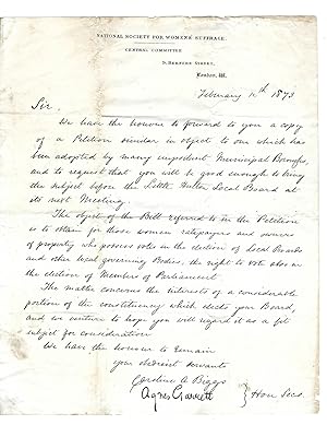 Early Women's Suffrage Leaders Autograph letter signed Petition for "Right to Vote in the electio...