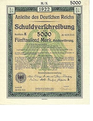 1922 German Reich Mark Treasury Bond Certificate Dated just before the Hyperinflation of Weimar R...