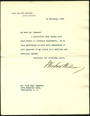 Woodrow Wilson Presidential Letter Signed about "critical and difficult matters" during World War I.