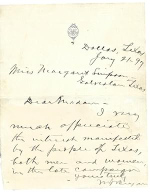 William Jennings Bryan Autograph Letter Signed acknowledging women's role in Politics