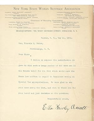 Signed Letter from Early New York Suffragist Ella Hawley Crossett
