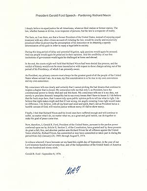 President Ford Speech Pardoning Richard Nixon- Signed Souvenir Typscript of Ford's famous Pardon ...