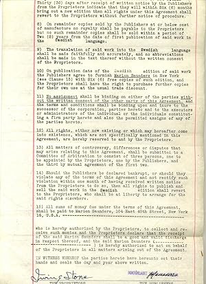 Irving Stone Contract for the Publication of his book "The Passionate Journey" in Sweden