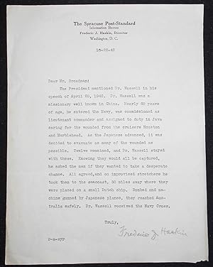 Type letter, signed by journalist Frederic J. Haskin on Syracuse Post-Standard letterhead