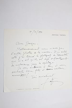Lettre autographe signée d'Antoni Tàpies à Georges Raillard : "j'ai trouvé le photographe de "Bea...
