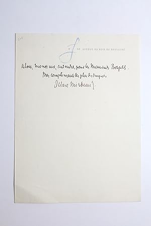 Billet autographe signé d'Octave Mirbeau : "Monsieur, entendu, pour les Mauvais Bergers"