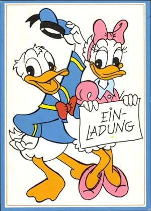Künstler Ansichtskarte / Postkarte Walt Disney, Einladung, Donald und Daisy Duck