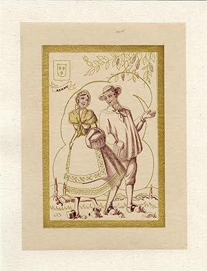 "BERRY : Couple en costume régional" / Pochoir original sur papier calque entoilé (début 1900)