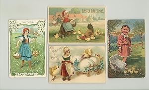 Easter Postcards, 4 Used Edwardian Era Chromolithograph Card: Little girls in Folk Costumes, Litt...