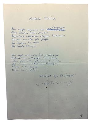 Unpublished autograph poem signed 'Abdullah Riza Ergüven'.