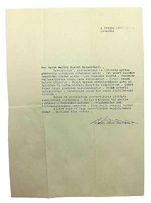 Typescript letter signed 'Hikmet Münir Ebcioglu' sent to Halide Nusret Zorlutuna, (1901-1984) who...