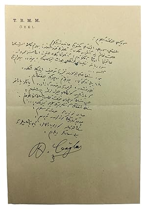 Autograph letter signed 'B. Çaglar', addressed to Turkish poetess Halide Nusret Zorlutuna, (1901-...