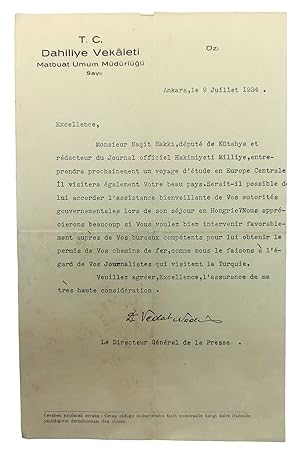 Typescript letter in French signed 'Dr. Vedat Nedim', mentioned to Monsieur Nasit Hakki [Ulug], (...