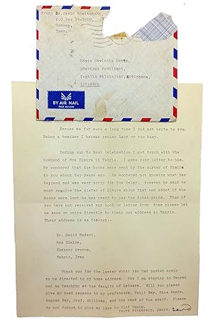 Typescript letter signed 'Javid' in English, with its original envelope, addressed to Turkish phi...