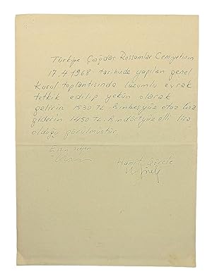 Autograph document signed 'Hamit Görele' and 'Ersin Satgan', on the fixation of income of the Con...