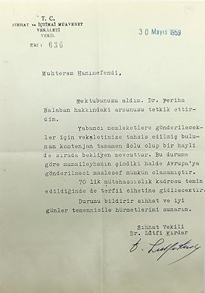 Autograph document signed 'Sihhat Vekili Dr. Lûtfi Kirdar', sent to Turkish poetess Halide Nusret...