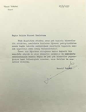 Typescript letter signed 'T. Ileri' sent to Turkish poetess Halide Nusret Zorlutuna, (1901-1984).